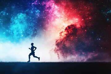 Fototapeta premium Interval training under a starry sky, watercolor galaxies swirling above with the runners intensity mirrored in the heavens