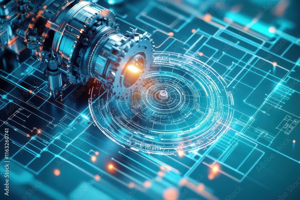 Poster Industrial reactor with rotating blueprint overlay, futuristic visual effects, clean metallic background, dynamic engineering details