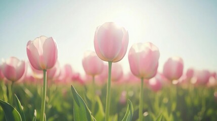 Sunlit Pink Tulip Field in Warm Morning Light