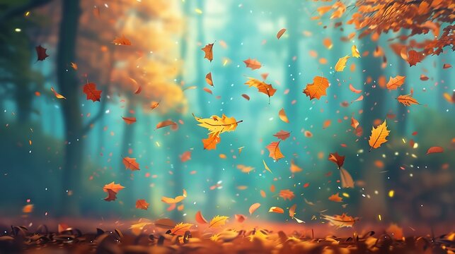 Falling leaves dance in autumn forest with ethereal light for magical scene nature beauty seasonal change tranquil atmosphere outdoor landscape peaceful environment concept.