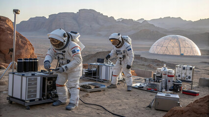 Obraz premium Astronauts conducting experiments on distant planet, showcasing advanced technology and futuristic habitat. scene captures essence of exploration and scientific discovery