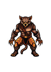 Illustrate a sleek, anthropomorphic feline rogue, nimble and cunning, in a dark, shadowy alleyway.  Showcase their cat-like agility and sly demeanor.