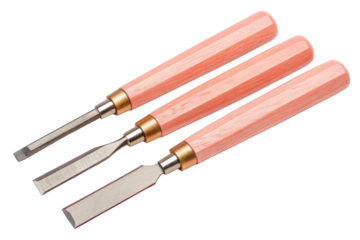 Three wood-handled carving tools isolated with transparent background
