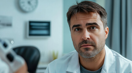 Fototapeta premium Man in dermatologist office, looking concerned about skin issues, wearing white coat, with serious expression. environment is clinical and professional