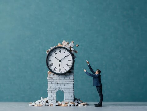 Entrepreneur dismantling an old clock tower, representing outdated careers, Career transition, Rebuilding time for modern industries