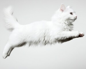 Fototapeta premium A fluffy white cat is captured mid-leap against a neutral background, showcasing its grace and agility. The image highlights the cat's fur texture and dynamic movement.