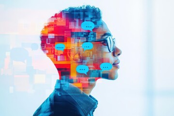 Effective communication in managerial success close up, focus on, copy space warm hues Double exposure silhouette with speech bubbles