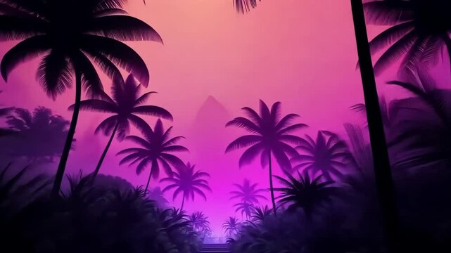 Neon glowing tropical palm trees. Abstract summer background