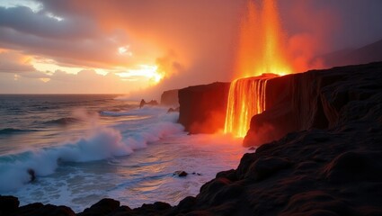 A mesmerizing view of lava pouring into the sea, representing nature's force and elegance, suitable for environmental and adventure themes