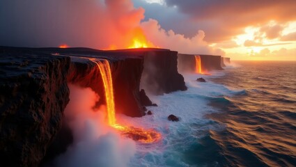 Fototapeta premium A stunning capture of lava cascading into the ocean, conveying power and tranquility, ideal for natural and travel content