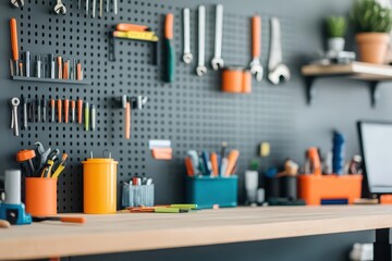 DIY workspace in a garage with a sturdy workbench, tools neatly organized, and a techsavvy desk area for multitasking