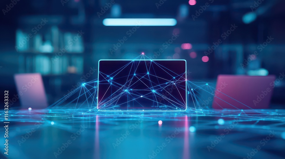 Aufkleber digital twin of office and home workspace connected through glowing network lines, abstract, minimal