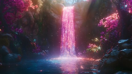 Magical waterfall cascading through a vibrant enchanted forest illuminated by sparkling lights at twilight. Generative AI