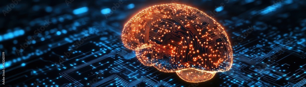 Aufkleber Digital brain representation showcasing neural connections and data flow in a futuristic technology environment.