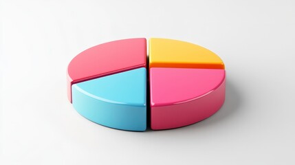 Obraz premium A 3D pie chart divided into four sections, each with different colors, representing data visualization or statistical information.