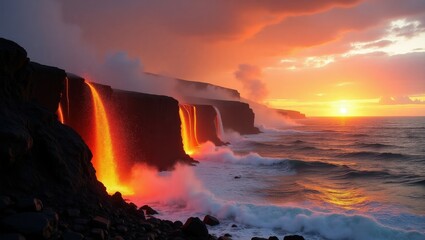 Fototapeta premium A dramatic scene of lava flowing into the sea at sunset, representing nature's power and beauty, suitable for natural and environmental themes