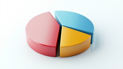 Obraz premium A 3D pie chart divided into three segments, each with distinct colors, representing data visualization.