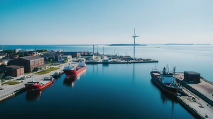A vibrant port city utilizing solar and wind energy for sustainable power generation.