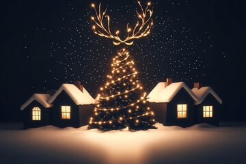 Fototapeta premium A cozy winter scene featuring a decorated Christmas tree with lights, surrounded by snow-covered houses, evoking a festive and warm holiday atmosphere.