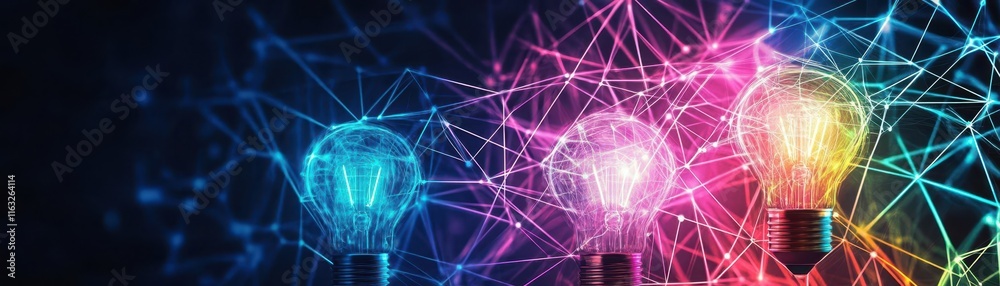 Poster creative brainstorming session visualized as glowing lightbulbs connected by colorful lines, abstrac