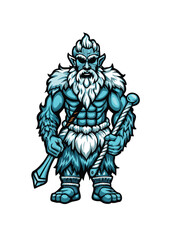 A colossal frost giant barbarian, wielding a massive ice axe, stands amidst a blizzard, showcasing immense power and icy rage.