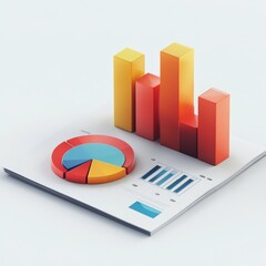 The image features a 3D representation of data analysis, showcasing colorful bar graphs, a pie chart, and line graphs on a document, illustrating business metrics and performance insights.