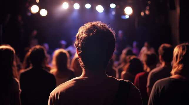 person stands in crowd, watching improv show with bright stage lights illuminating scene. atmosphere is filled with excitement and anticipation