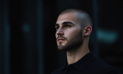 Fototapeta premium young man with bald head and beard gazes thoughtfully into distance, showcasing confident expression. background is dark, enhancing his features