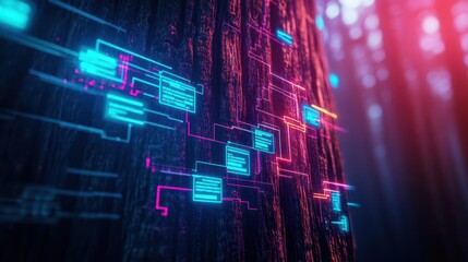 Closeup of a giant redwood trunk with futuristic holographic data overlays, cyberpunk, neon colors, digital art, hightech feel
