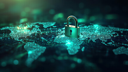 padlock hovering over digital world map symbolizes security and protection in digital age. This conveys importance of safeguarding information online