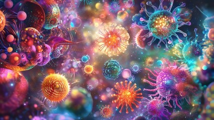 Obraz premium Colorful panoramic view of various viruses highlighting their unique structures and interactions in a microscopic environment. Generative AI
