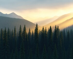 Obraz premium A serene landscape featuring tall evergreen trees in a mountainous region, illuminated by soft sunlight breaking through clouds, creating a tranquil atmosphere.