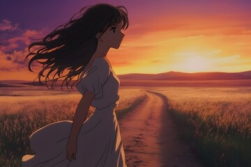 Young anime girl stands alone on a dirt path during sunset, surrounded by golden fields and a vibrant sky filled with colors. Generative AI