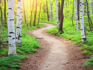 A serene winding path through a lush green forest, lined with slender birch trees, inviting exploration and connection with nature.