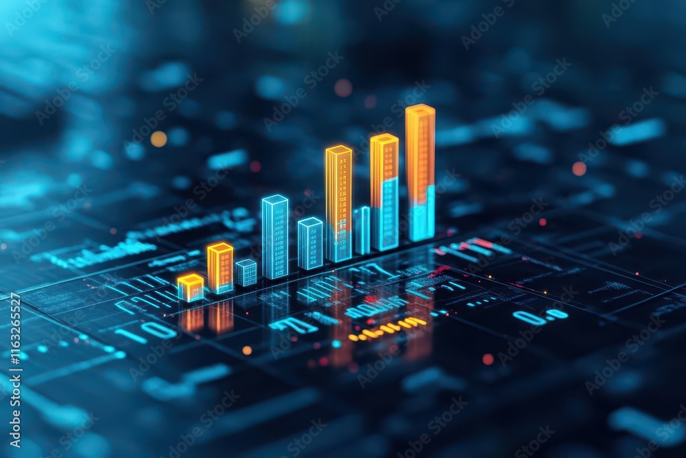 Poster bar graph displaying revenue growth, luminous bars and digits, 3d illustration