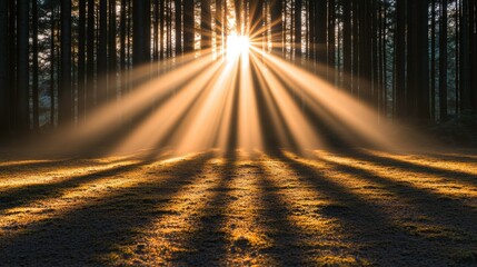 A serene forest scene illuminated by sunlight, creating dramatic rays that cast shadows on the ground, evoking a sense of tranquility and connection with nature.