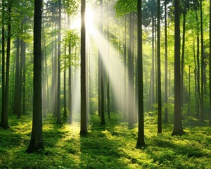 Obraz premium A serene forest scene with sunlight streaming through tall trees, illuminating the lush greenery and creating a tranquil atmosphere.