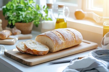 Freshly Baked Artisan Bread on Wooden Cutting Board with Kitchen Ingredients, Natural Light, and Cozy Atmosphere in a Bright Modern Kitchen