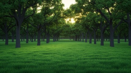 Obraz premium A serene forest landscape featuring tall trees and a grassy field, illuminated by soft sunlight, creating a peaceful and tranquil atmosphere.