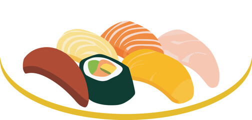Flat illustration of fresh sushi with salmon slices, rice rolled in seaweed. and fresh meat on a plate.