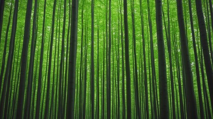 Fototapeta premium A serene view of a dense forest, showcasing tall trees with vibrant green leaves, creating a peaceful and natural atmosphere.