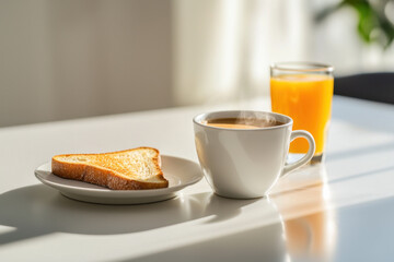 warm cup of coffee, toast, and fresh orange juice on bright table. sunlight enhances inviting breakfast scene, perfect for cozy morning