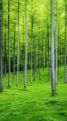 A serene forest scene featuring tall trees surrounded by vibrant green foliage and moss-covered ground, evoking a sense of tranquility and connection to nature.