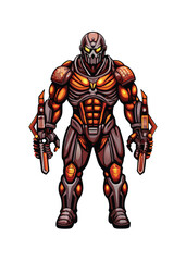 A striking portrait of a futuristic cyborg warrior, half human, half Macintosh computer, seamlessly blended.  Show intricate mechanical details and glowing circuitry.