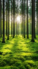 Obraz premium A serene forest scene illuminated by sunlight filtering through tall trees, casting soft shadows on a lush green mossy ground, evoking a sense of tranquility and connection to nature.