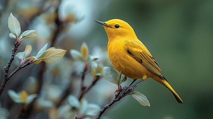 Fototapeta premium A bright yellow Prothonotary Warbler sings out loudly while perched on a small branch with fresh spring leaves with a smooth green background. 
