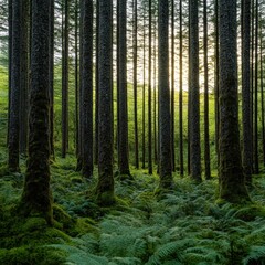 Obraz premium A serene forest scene featuring tall trees with moss-covered trunks and lush ferns, illuminated by soft sunlight filtering through the canopy.