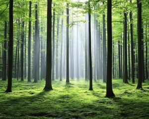 Fototapeta premium A serene forest scene with tall trees and soft sunlight filtering through the leaves, creating a tranquil and inviting atmosphere.