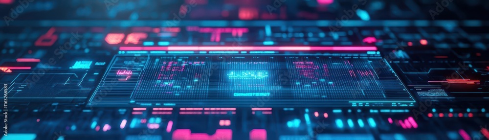 Aufkleber AIassisted task allocation software, minimalistic digital dashboard, top view, emphasizing seamless operations, scifi tone, Triadic Color Scheme