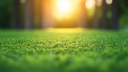 Naklejka premium A serene view of lush green grass illuminated by soft sunlight, creating a tranquil atmosphere in a natural setting.